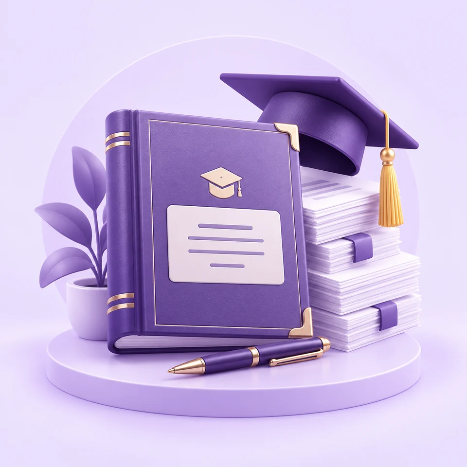 بحث جامعي مجلد وأوراق وقبعة تخرج وقلم